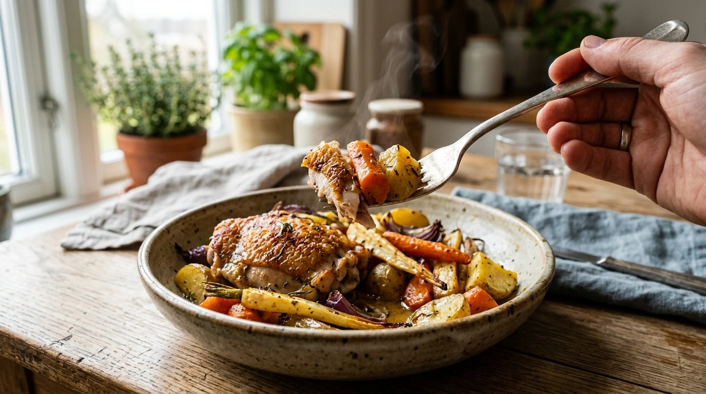 Alt-i-et-fad: Kyllingelår med rodfrugter i airfryer